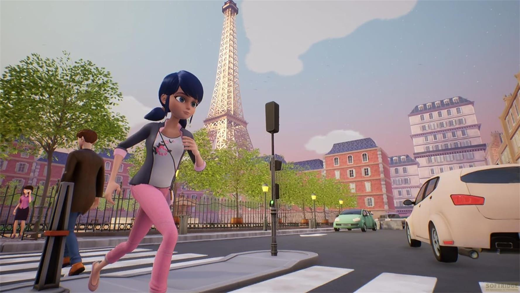 Mädchen rennt in Paris mit Eiffelturm im Hintergrund.