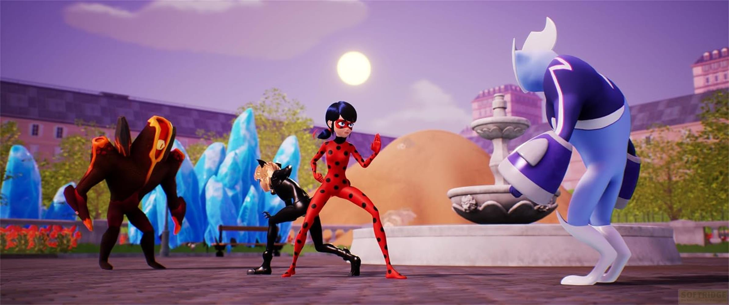 Vier Figuren in einer Stadt: ein feuriger Mann, Ladybug, Cat Noir und ein blauer Held.