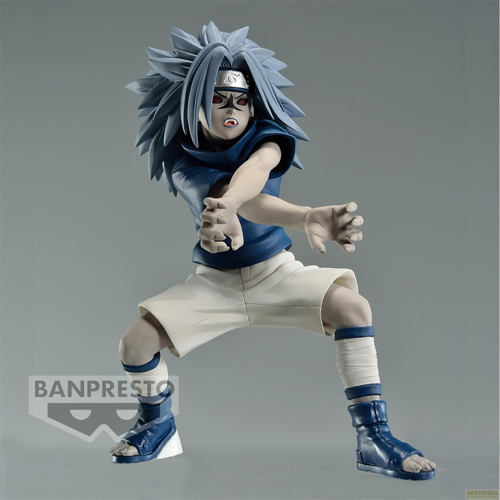 Figura de pelo azul, top azul y pantalones blancos en pose dinámica.