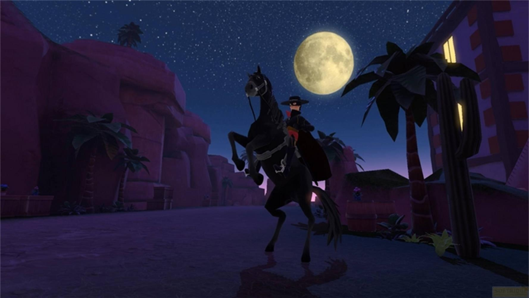 Zorro monte un cheval noir sous la pleine lune dans une ville désertique.
