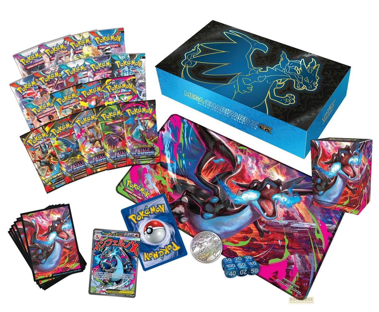 Pokémon-Sammelkarten-Set mit Mega-Charizard-Motiv, Spielmatte und Box.