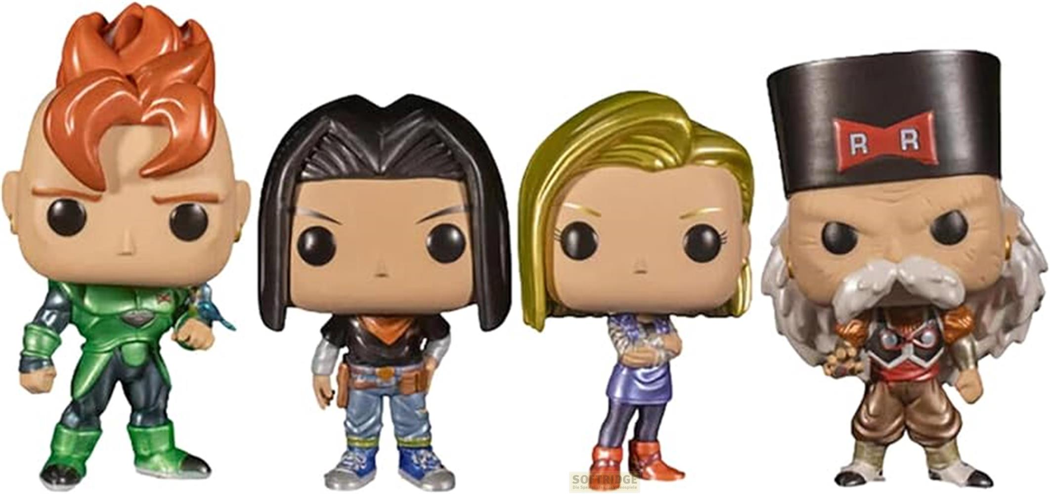 Cuatro figuras Funko Pop: Androide 17, 18, 16 y Dr. Gero.