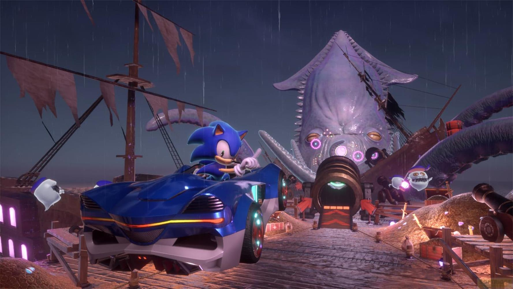 Sonic fährt in einem blauen Auto vor einem riesigen Kraken und einem Schiff.