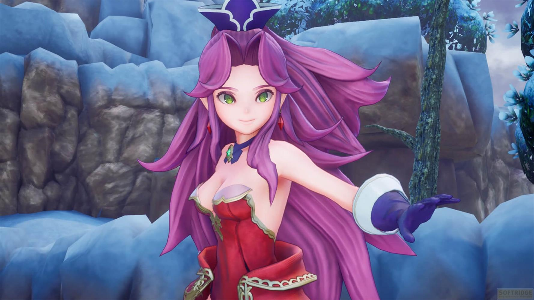 Anime-Figur mit lila Haaren in rotem Kleid vor Felsen und Bäumen.