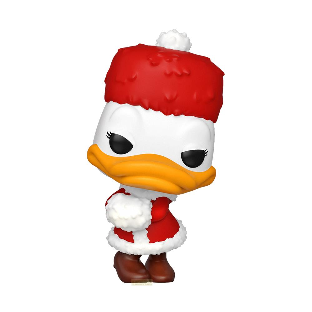 Figura di Paperina in costume da Babbo Natale, cappello rosso e bordo bianco.