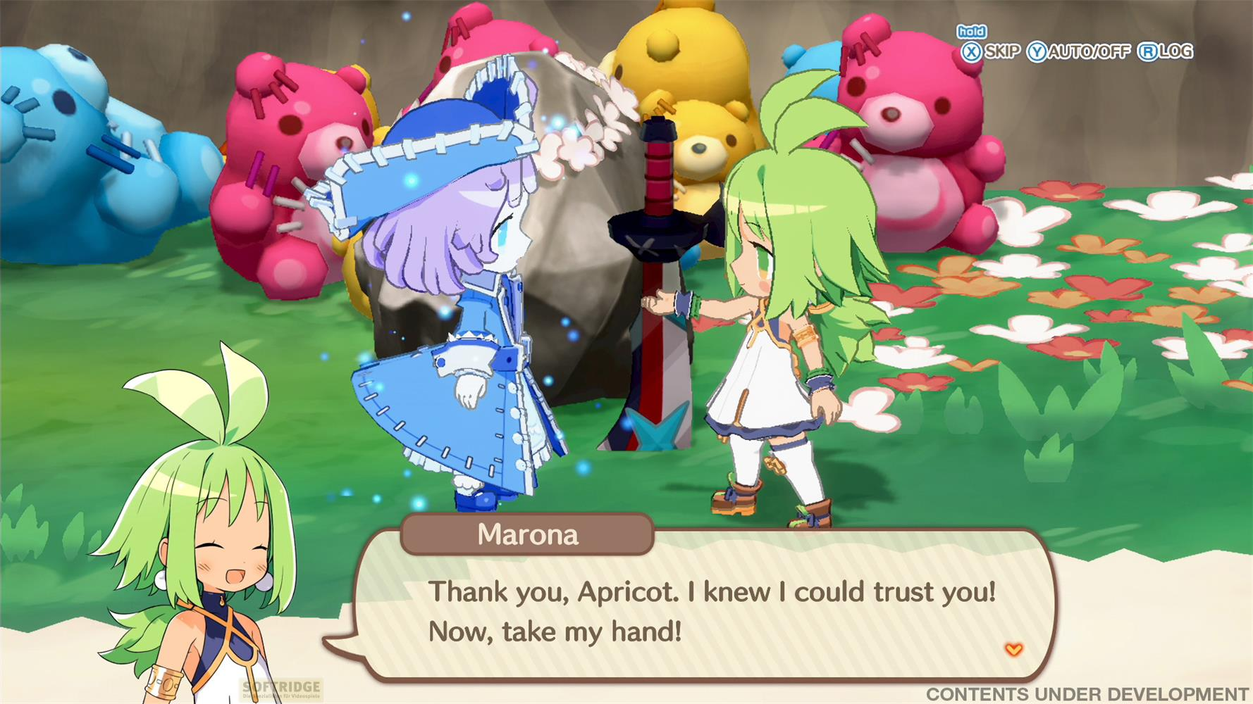 Zwei Anime-Mädchen mit Teddys und einem Schwert im Hintergrund.