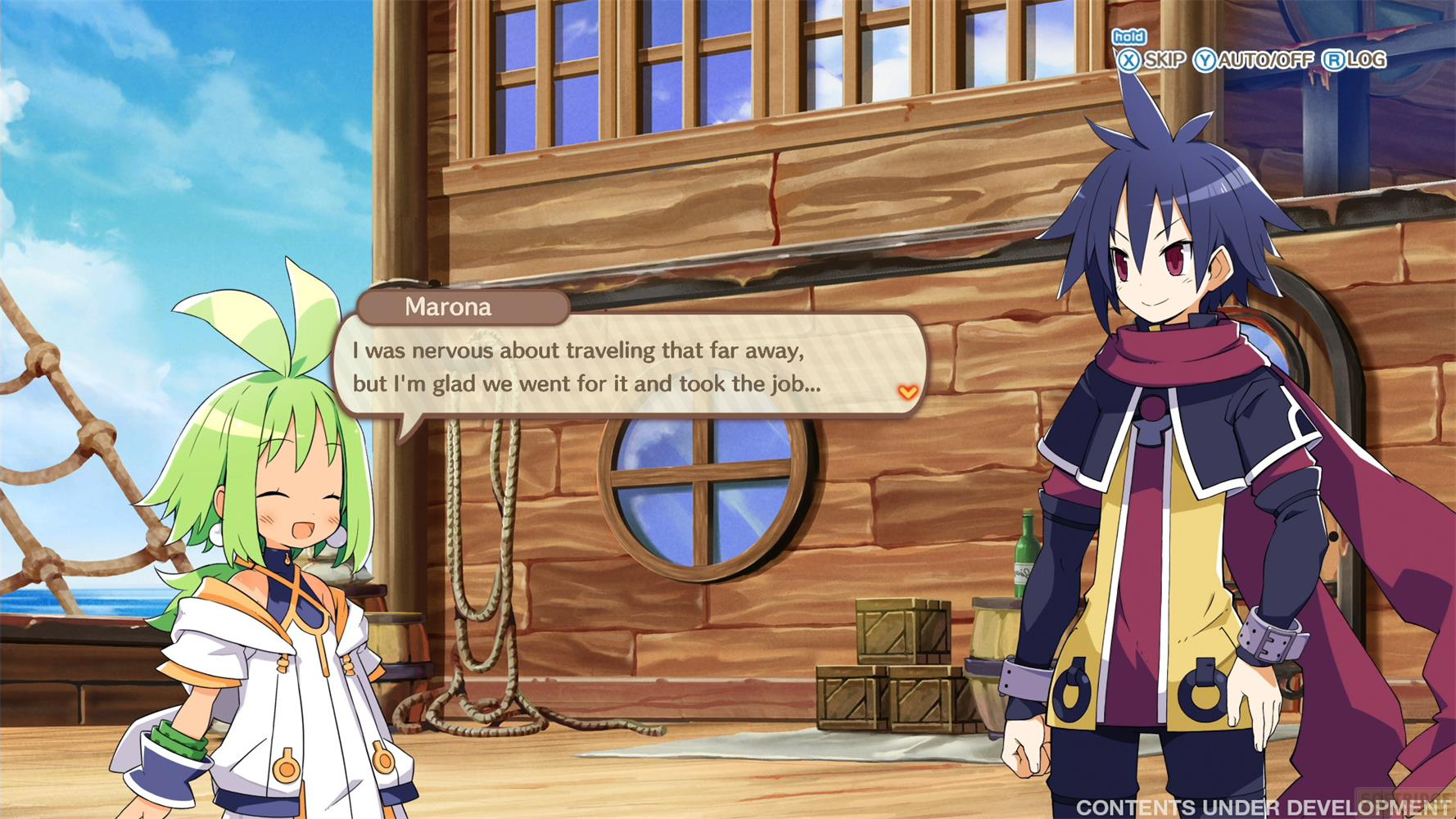 Anime-Charaktere auf einem Schiff. Ein Mädchen mit grünen Haaren spricht, ein Junge mit dunklem Haar steht daneben.