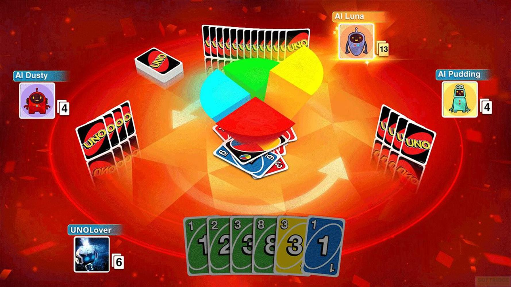 UNO Kartenspiel mit 4 Spielern, Karten und Spielsteinen.