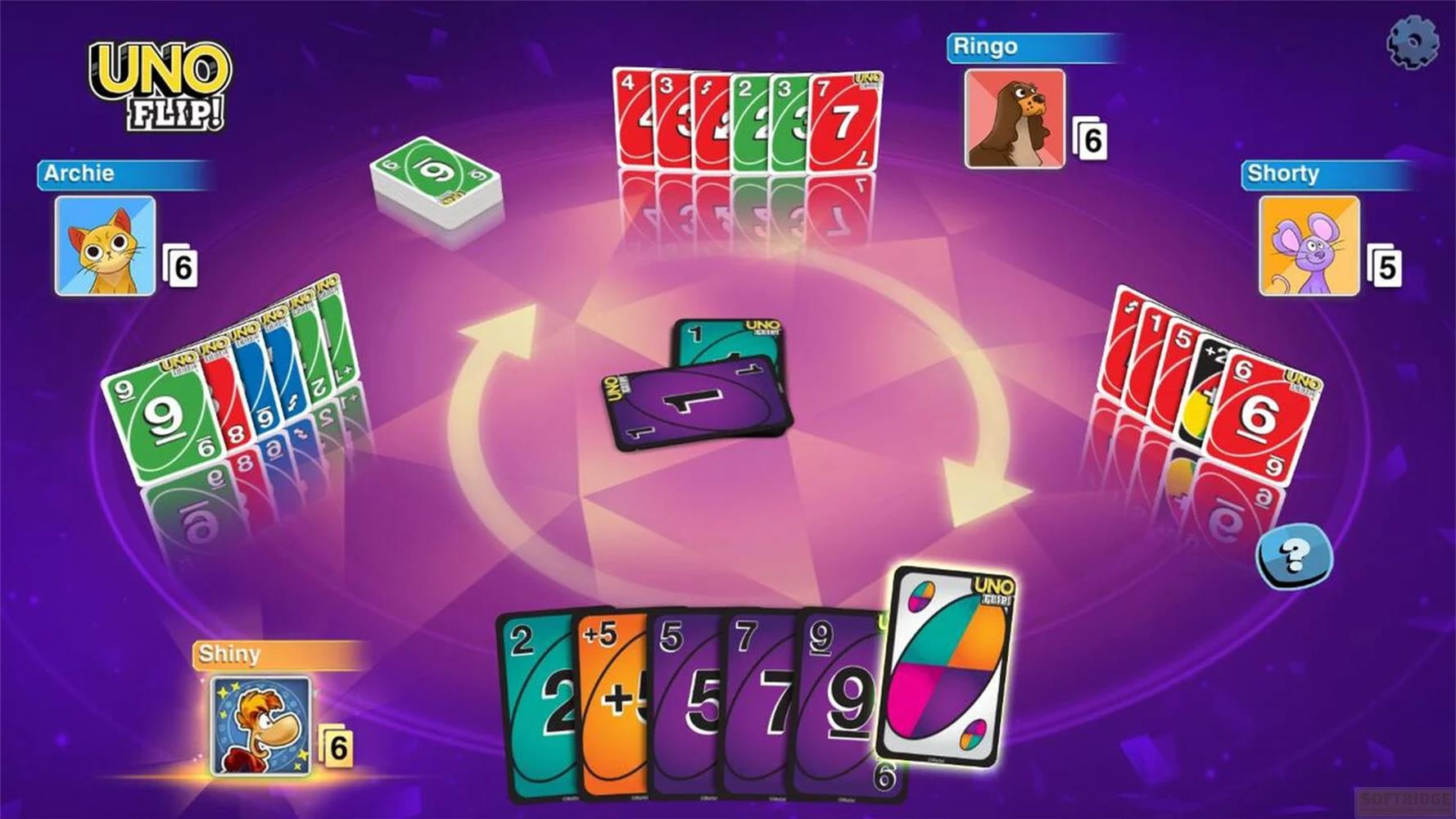 UNO Flip! Spielbrett mit Charakteren, Karten und Spielernamen.