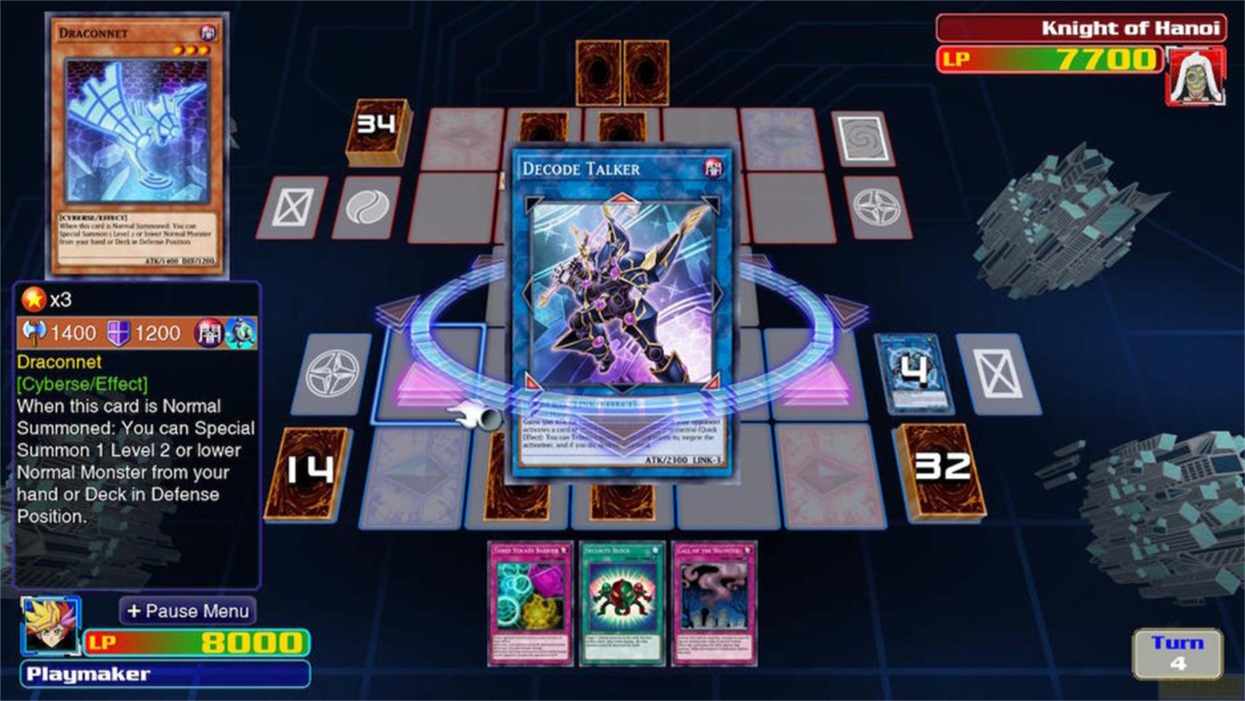 Gioco Yu-Gi-Oh! con Draconnet e Decode Talker sul campo. Giocatori a 7700 e 8000 LP.
