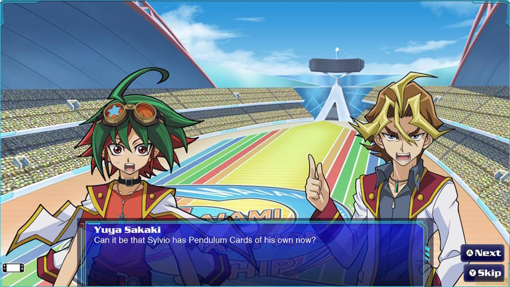 Due personaggi anime in un'arena, uno fa una domanda all'altro.