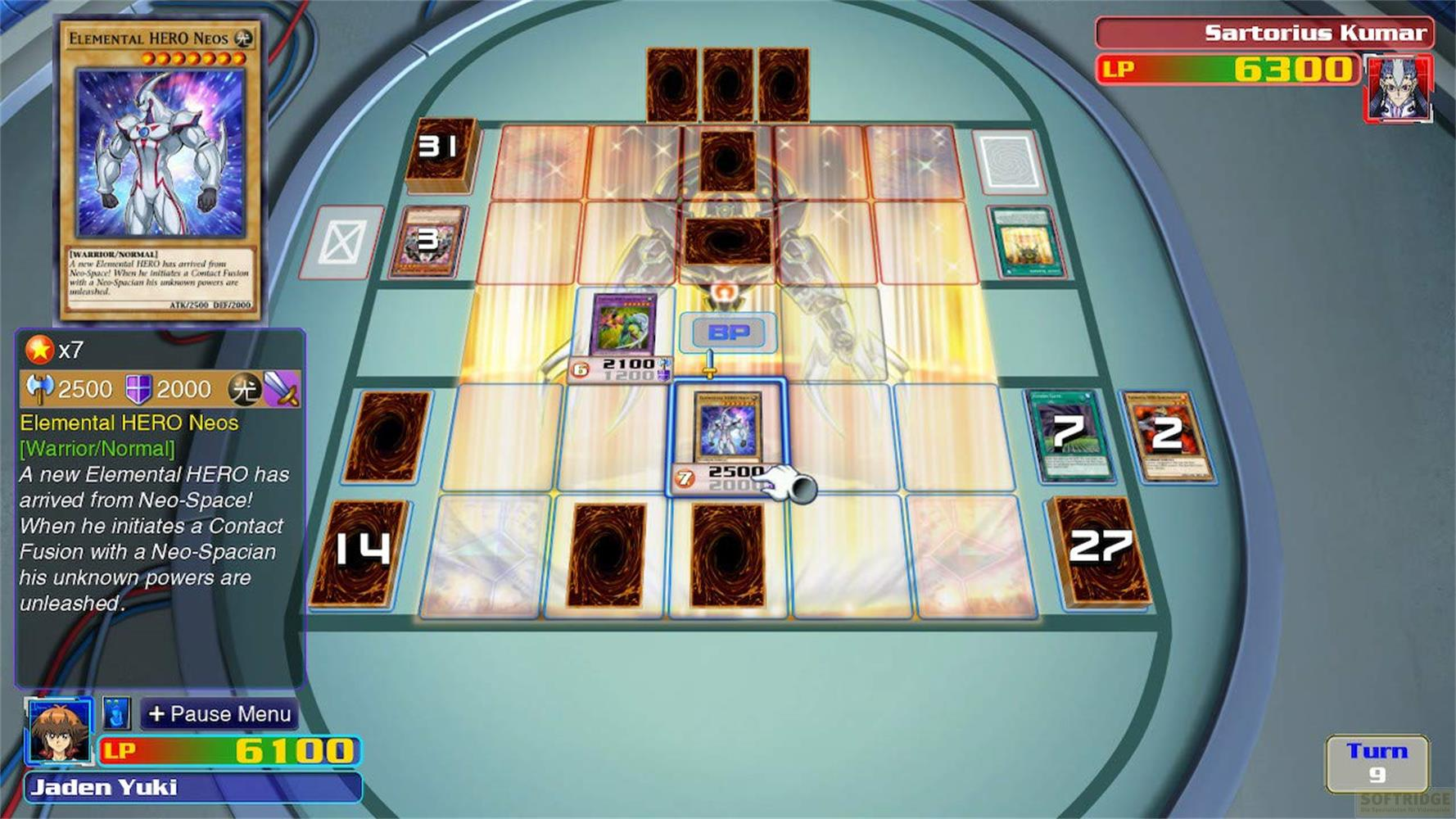Un gioco di duello Yu-Gi-Oh! con Eroi Elementali e Sartorius Kumar.
