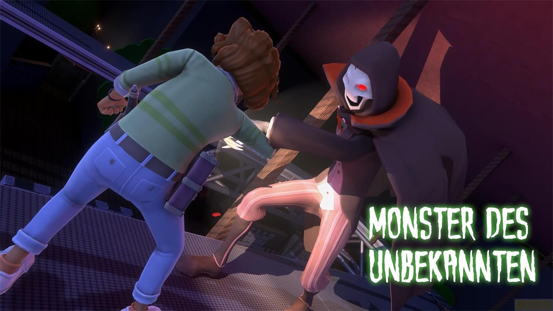 Due figure, una in maglione verde e jeans blu, l'altra un vampiro, si fronteggiano.