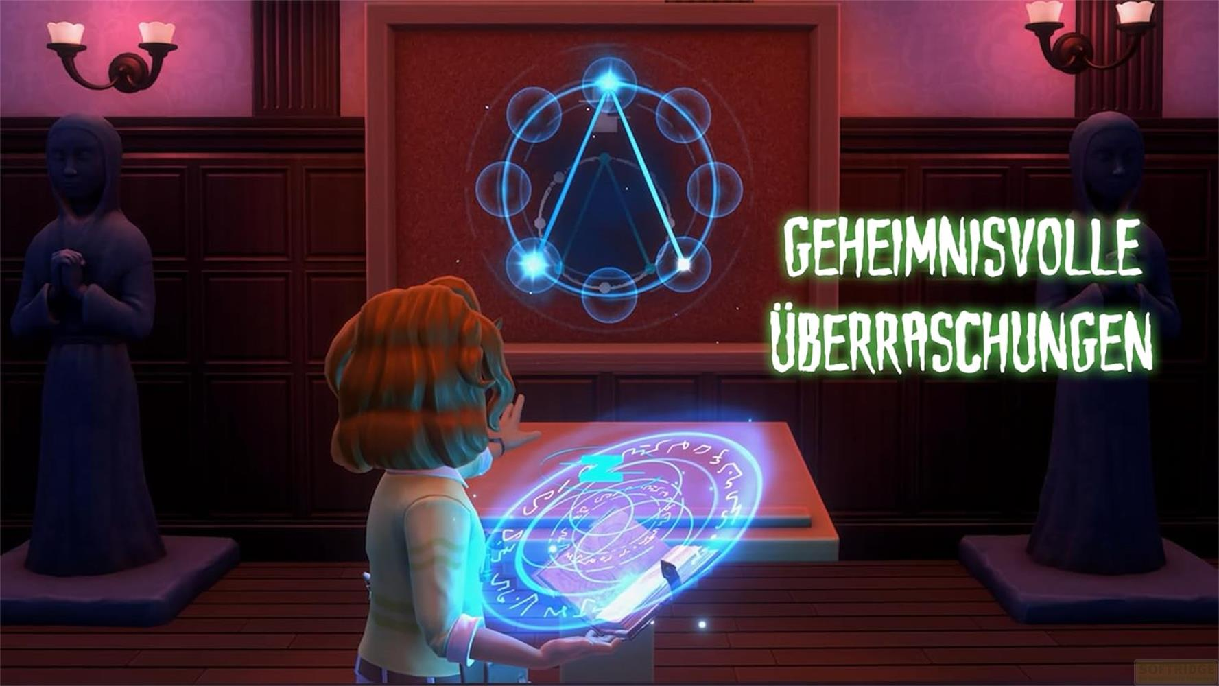 Una figura dai capelli arancioni guarda un simbolo magico luminoso.