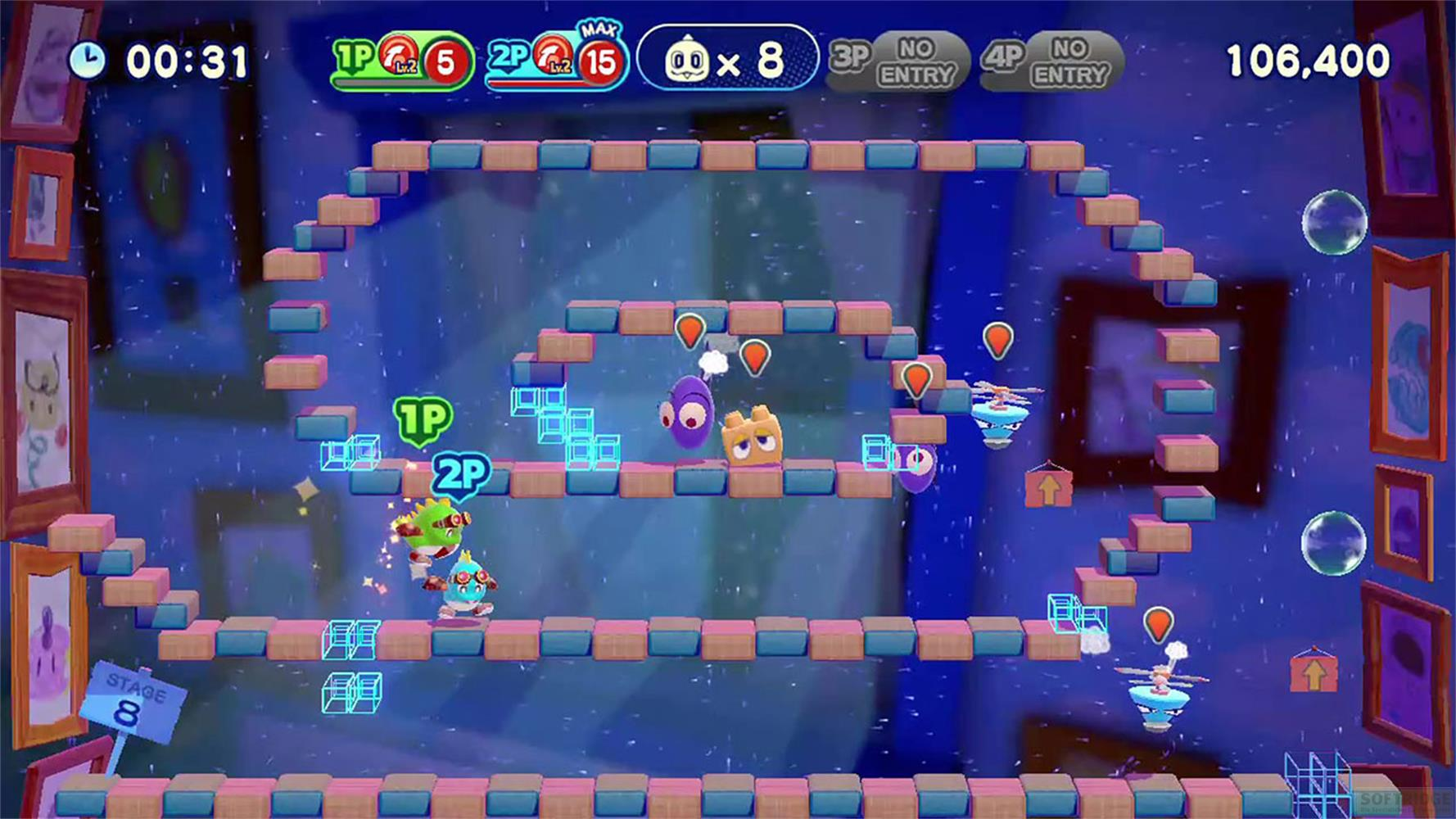 Gracze 1 i 2 na kolorowych platformach, fioletowi i żółci przeciwnicy, HUD.