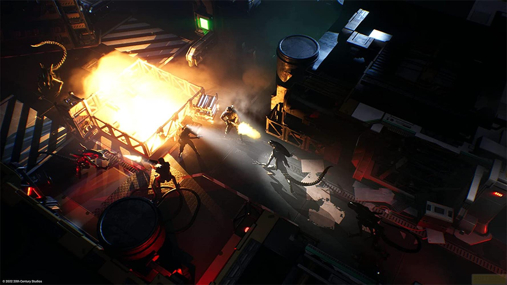 Soldaten kämpfen gegen Aliens in einem dunklen, industriellen Raum mit Explosionen.