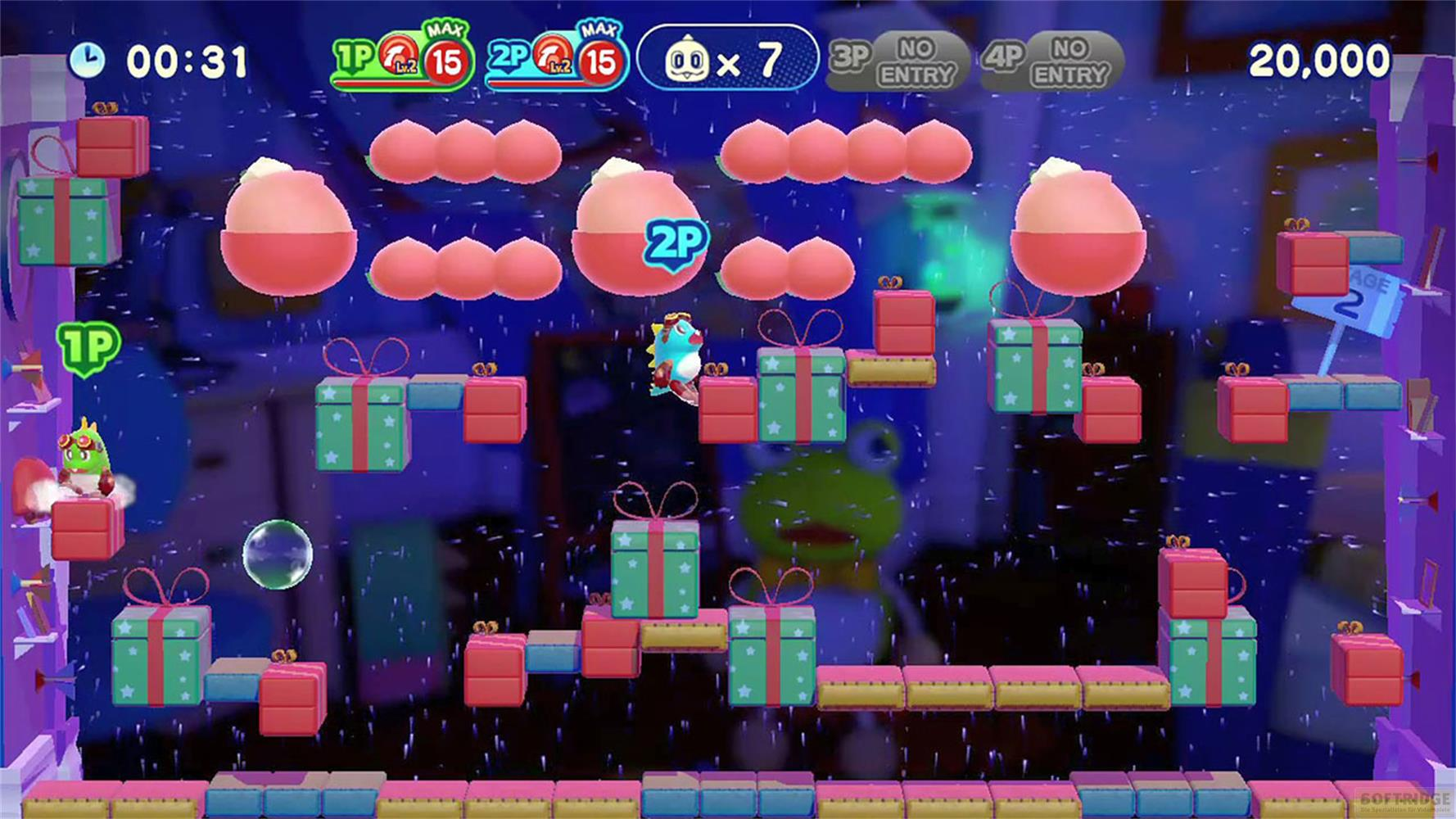 Niebieska maskotka smoka skacze po prezentach w kolorowej grze.