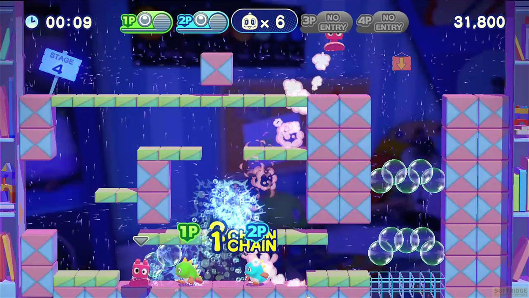 Poziom gry wideo z kolorowymi blokami, postaciami i bąbelkami.