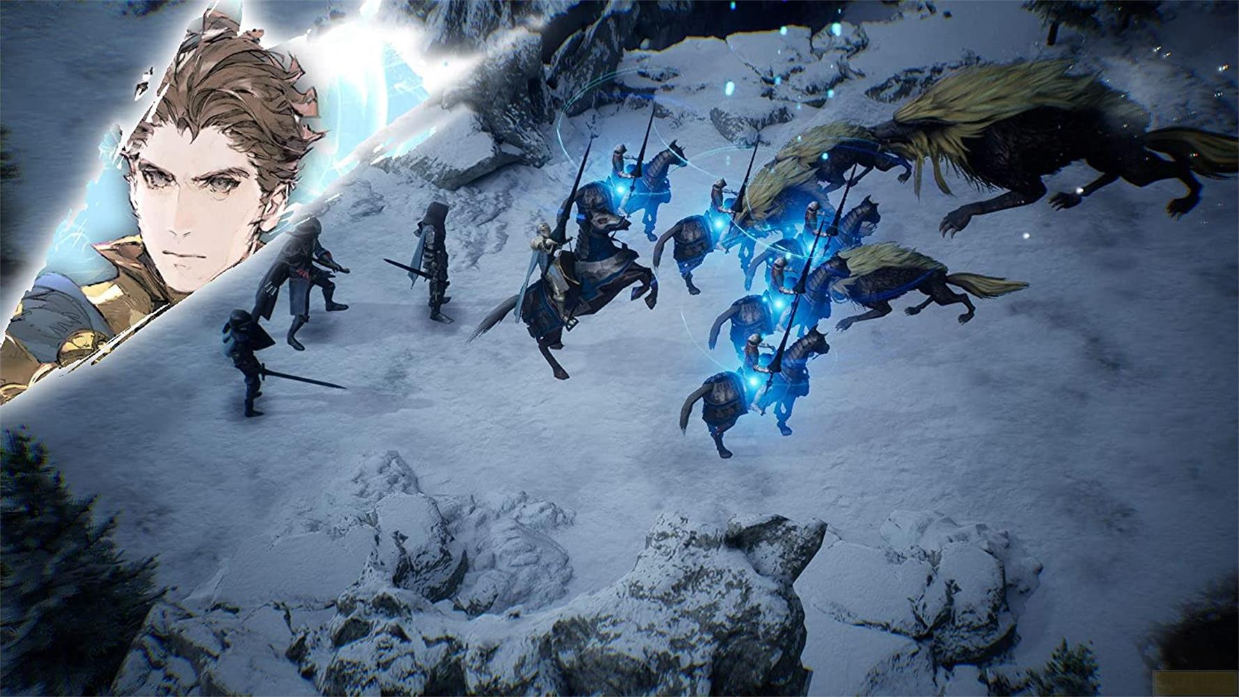 Personaggio anime sopra scena di battaglia con cavalieri e lupi sulla neve.