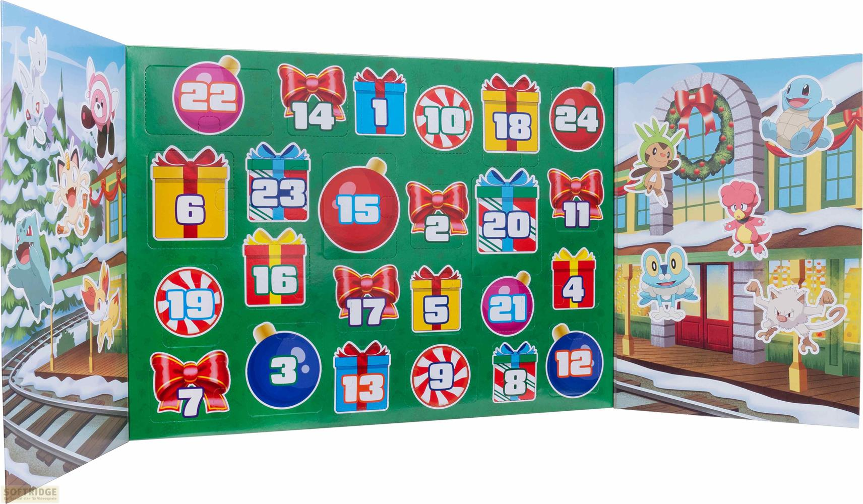 Ein Pokemon-Adventskalender mit Zahlen von 1 bis 24 und bunten Geschenken.