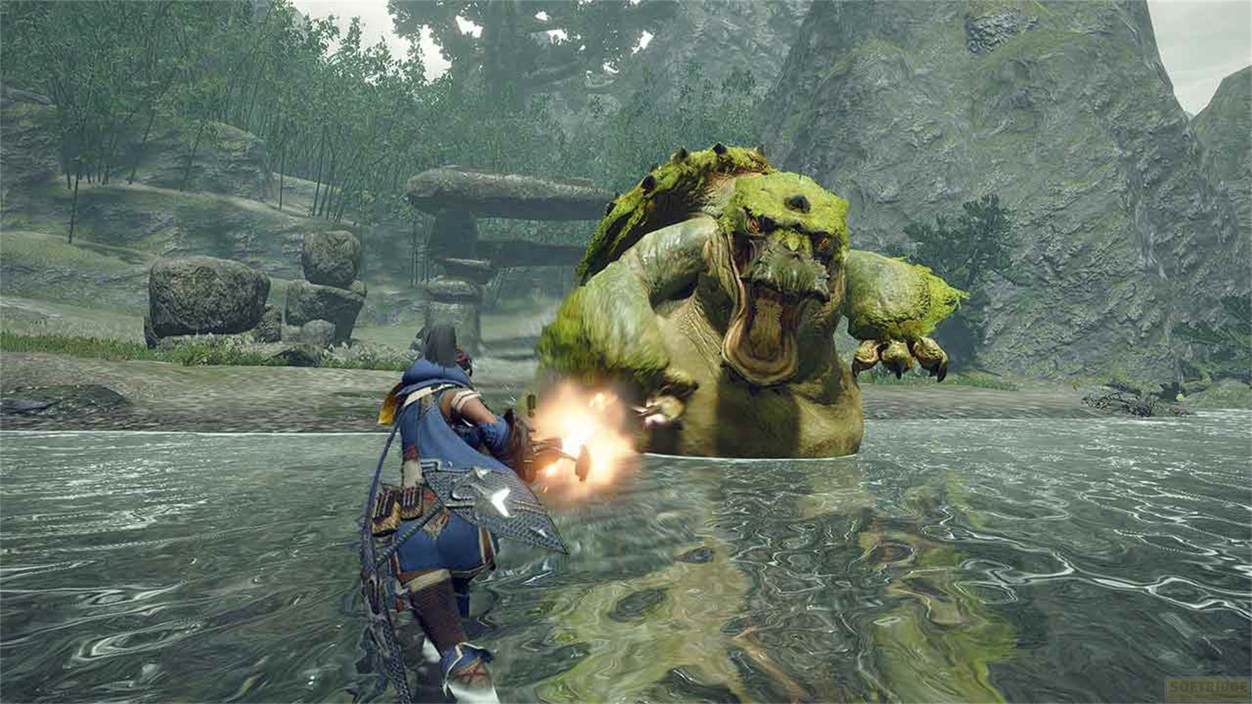 Un guerriero combatte un mostro verde in un fiume.