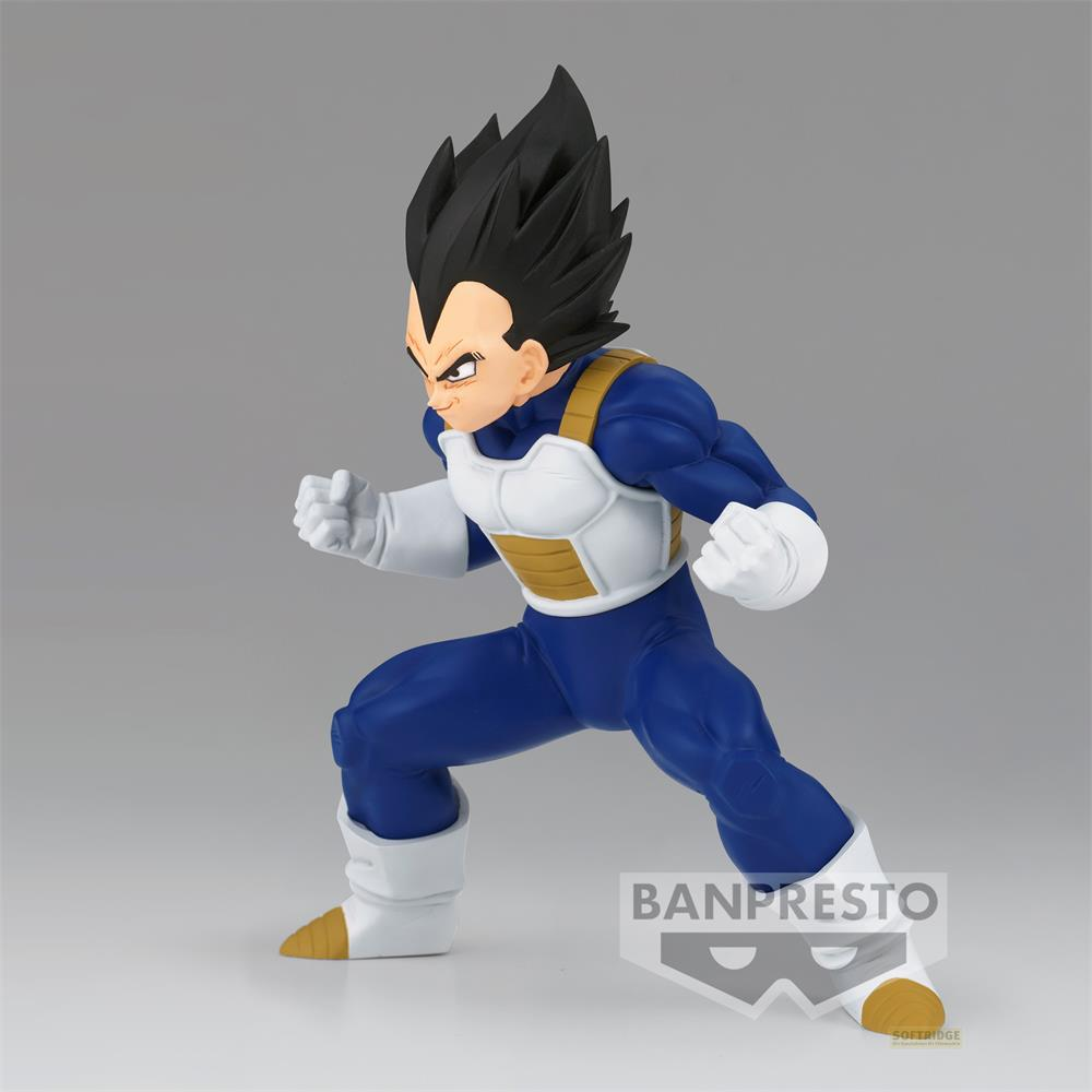 Figura de acción de Vegeta con armadura azul, peto blanco y detalles dorados.