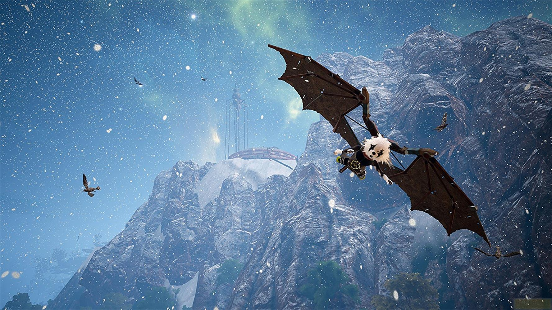 Un personaggio con ali di pipistrello vola attraverso un paesaggio montano innevato.