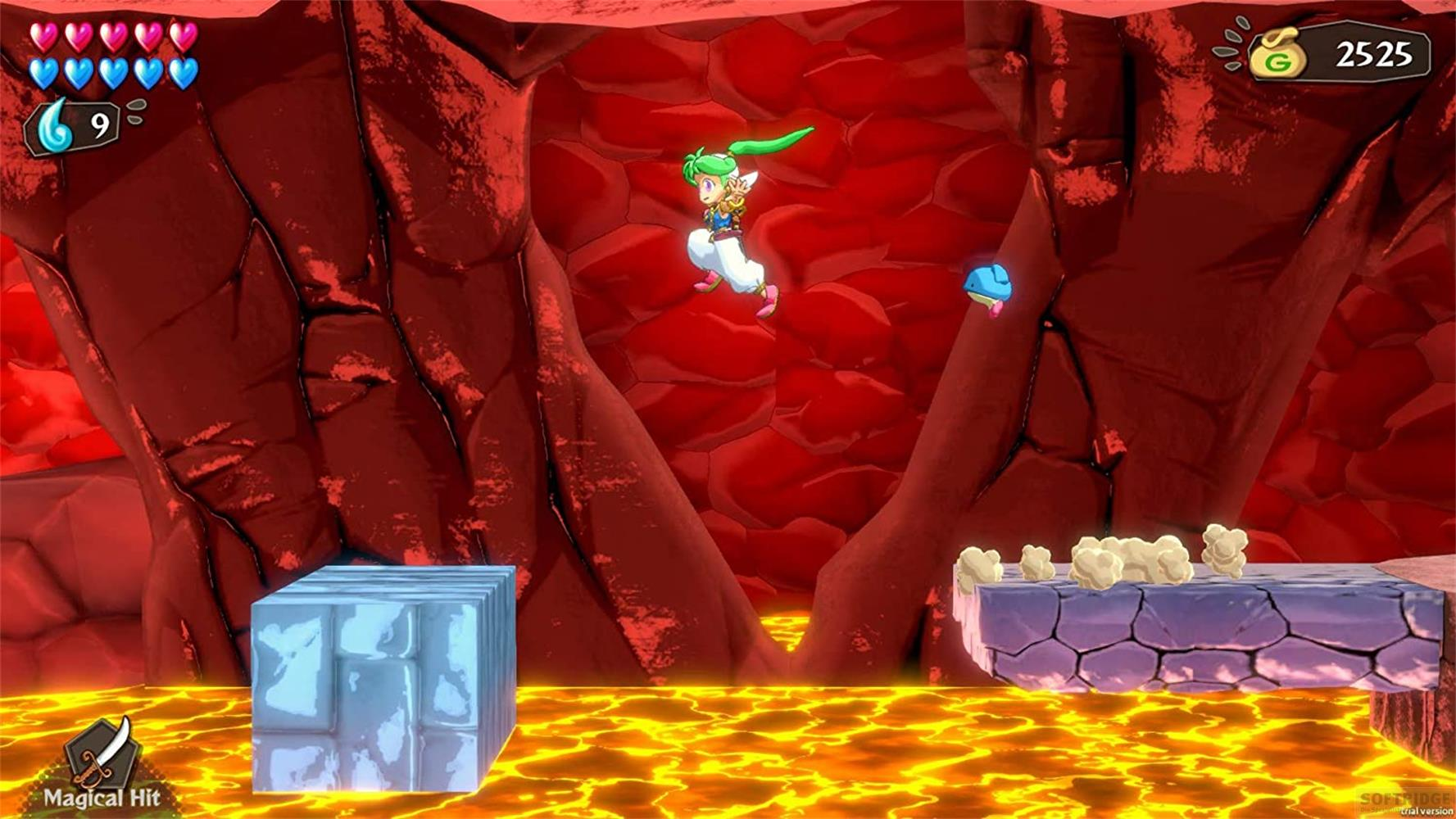 Ein grünes Mädchen mit Zöpfen springt über eine Lava-Grube in einer roten Höhle.