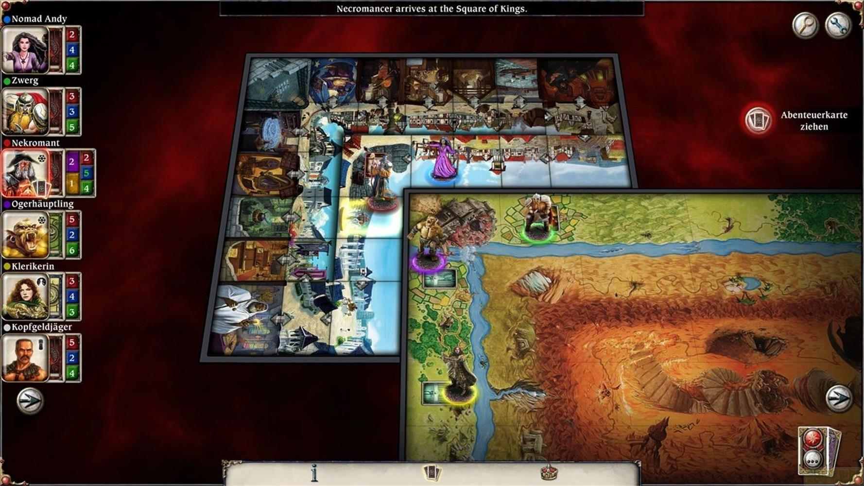 Jeu de société avec figurines, cartes et listes de personnages. Cartes de paysage au premier plan.