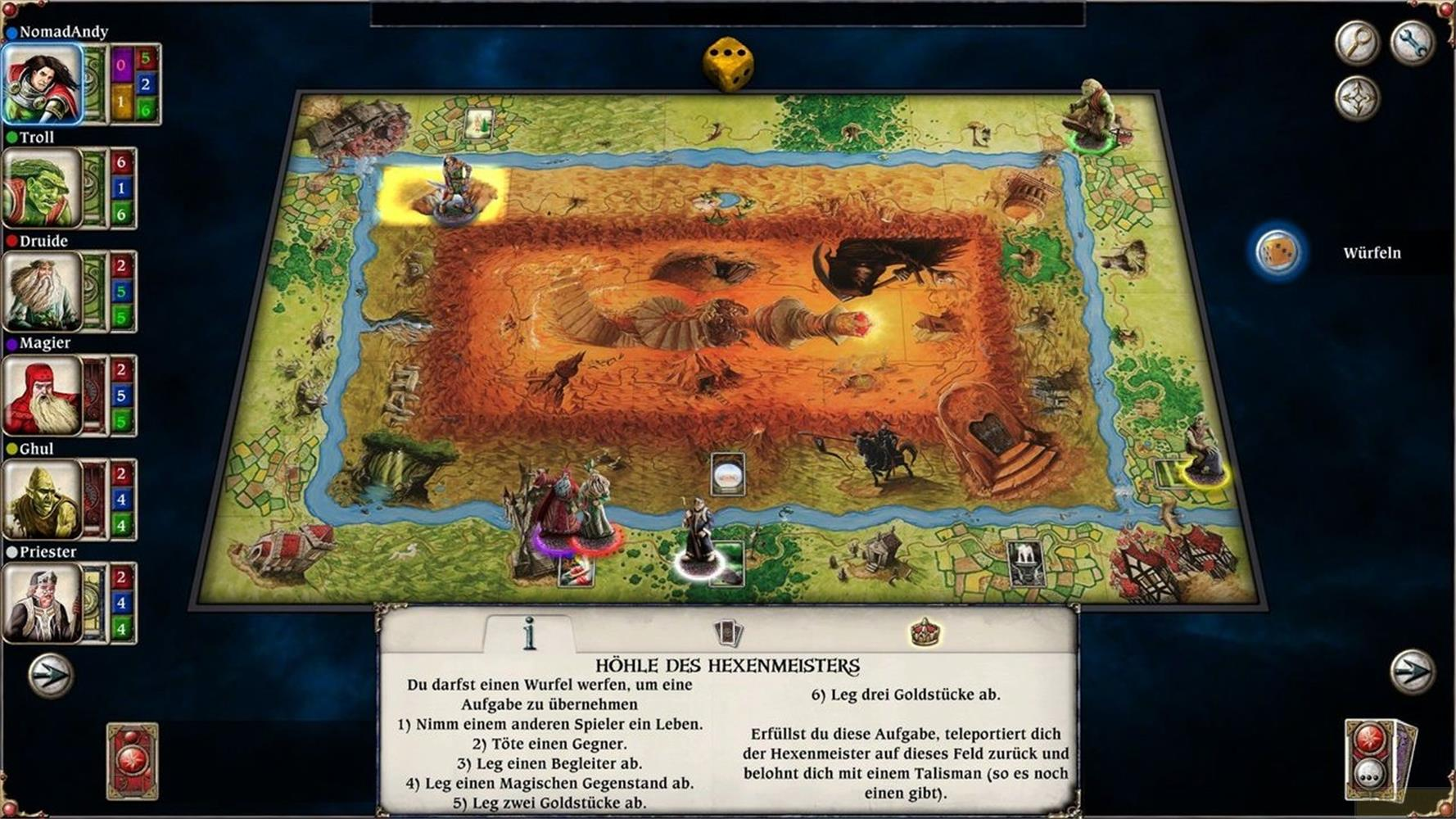 Jeu de société avec personnages, dés, cartes et plateau détaillé.