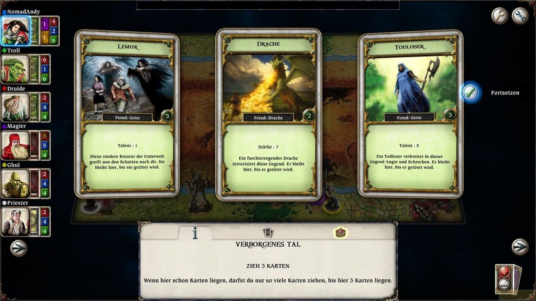 Jeu de société avec personnages et cartes : Lémurien, Dragon, Faucheur. Plateau de jeu en arrière-plan.