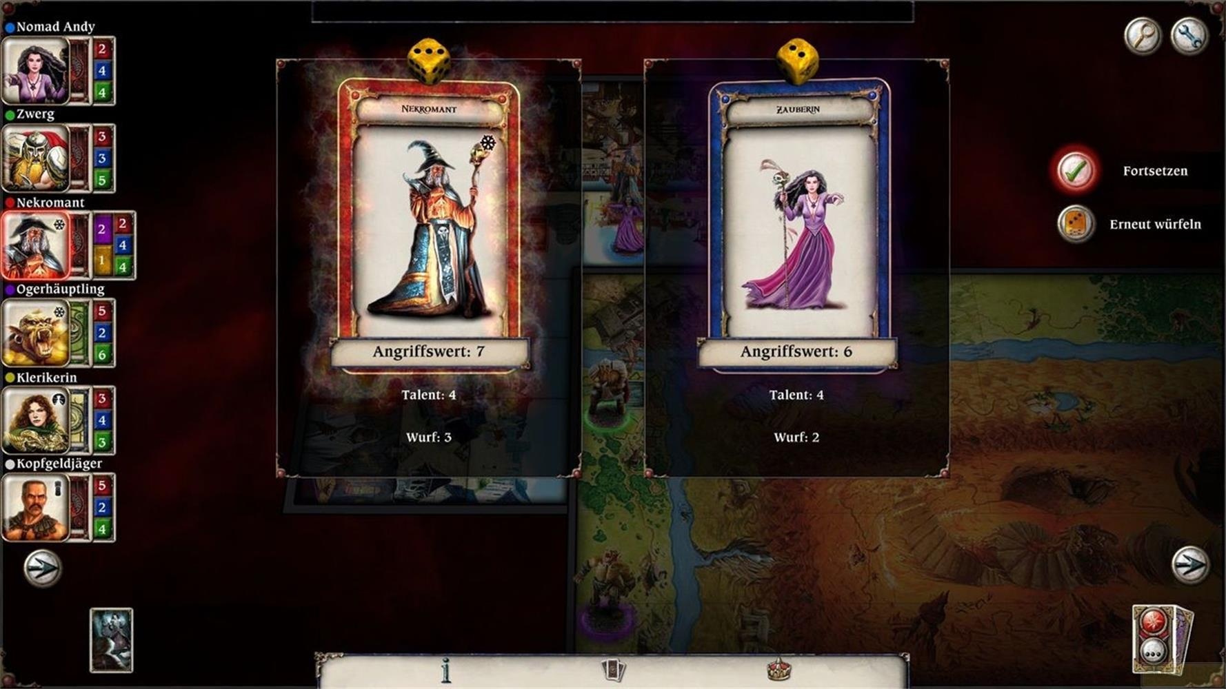 Écran de jeu avec cartes de personnage : Nécromancien et Sorcière. Dés dessus.