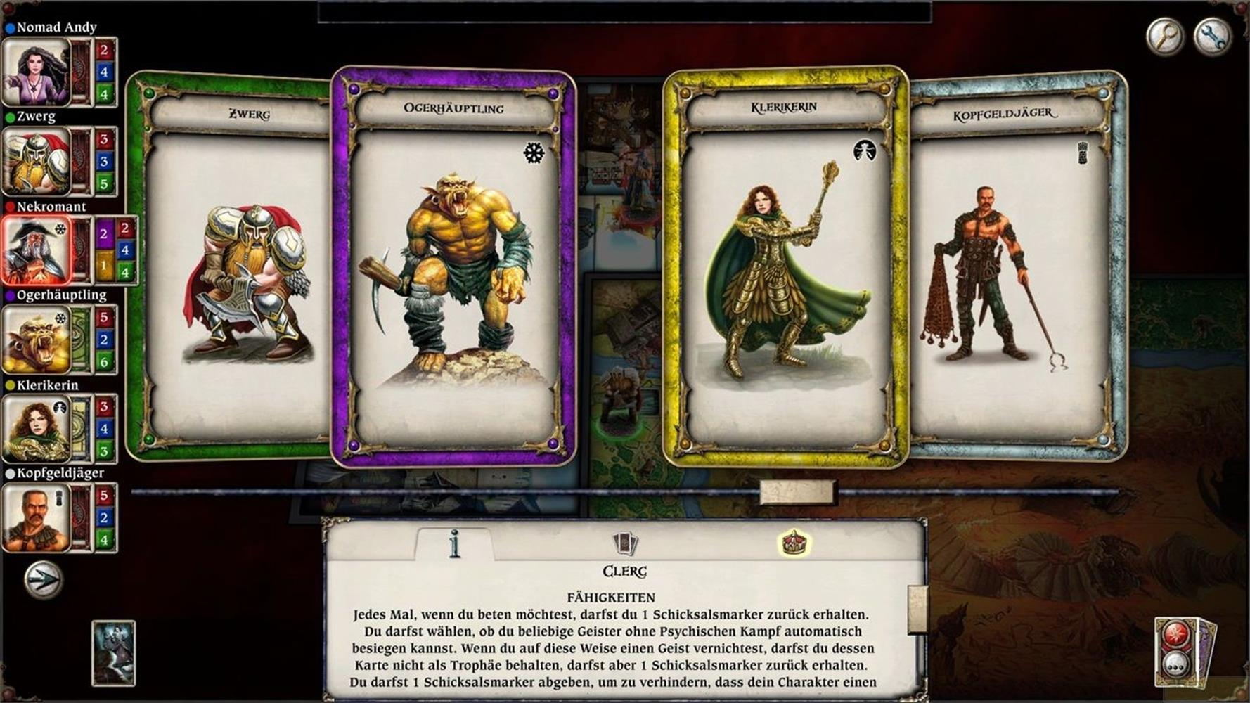 Écran de jeu montrant des cartes de personnage : Nain, Chef Ogre, Prêtresse, Chasseur de primes.