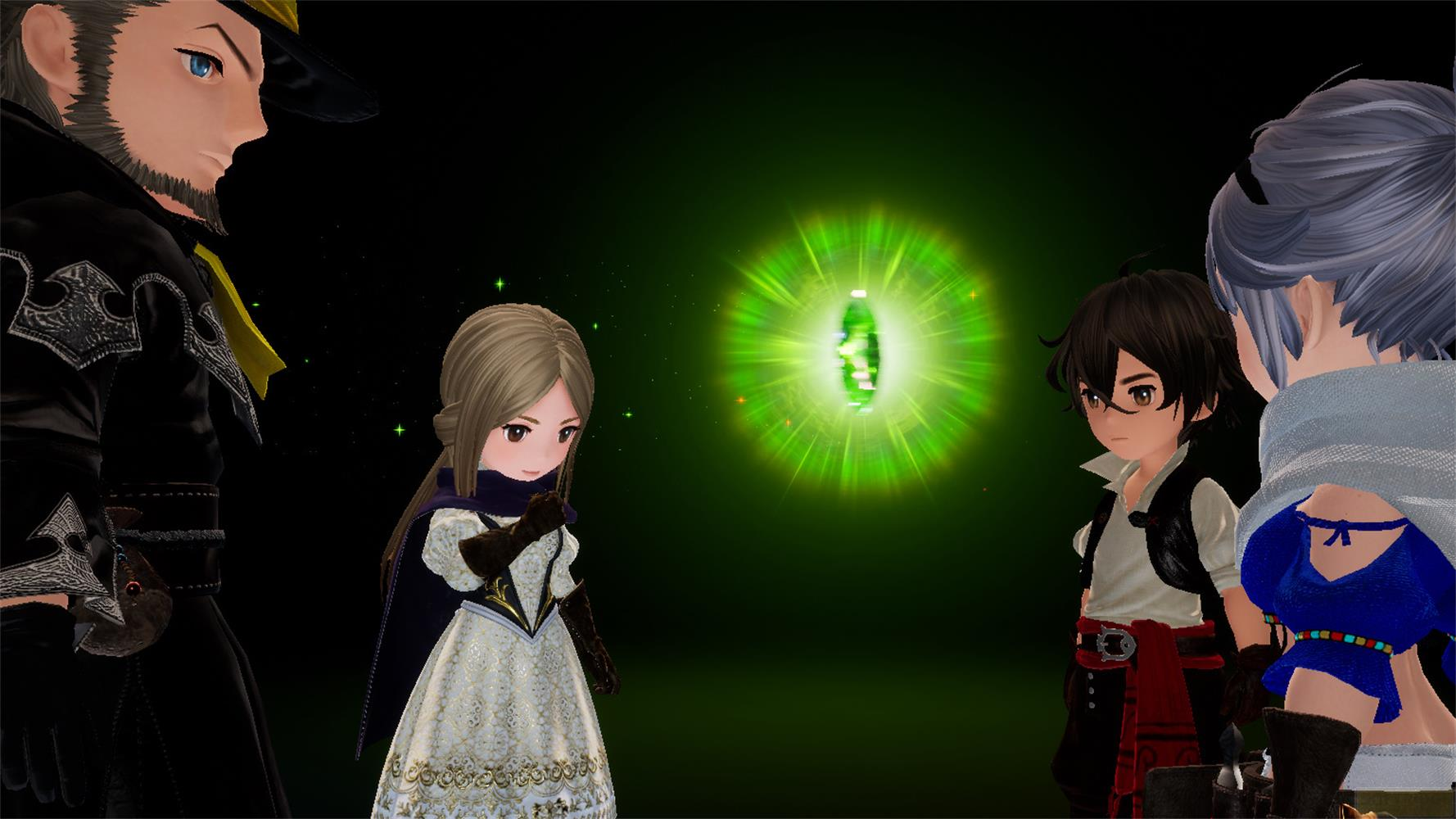 Quattro personaggi davanti a un occhio verde luminoso nel buio.