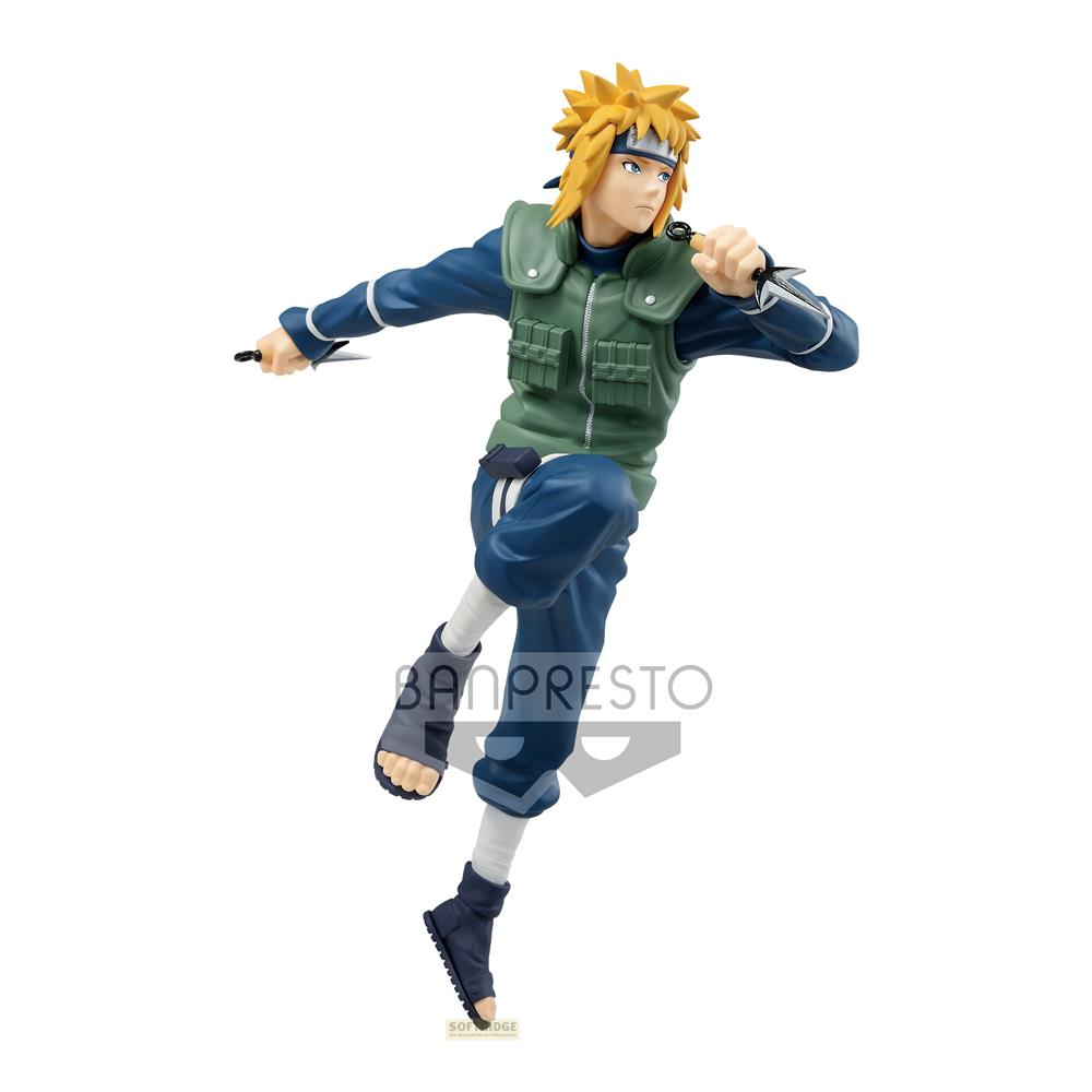Actionfigur von Minato Namikaze in dynamischer Pose, trägt blau-grünes Outfit.