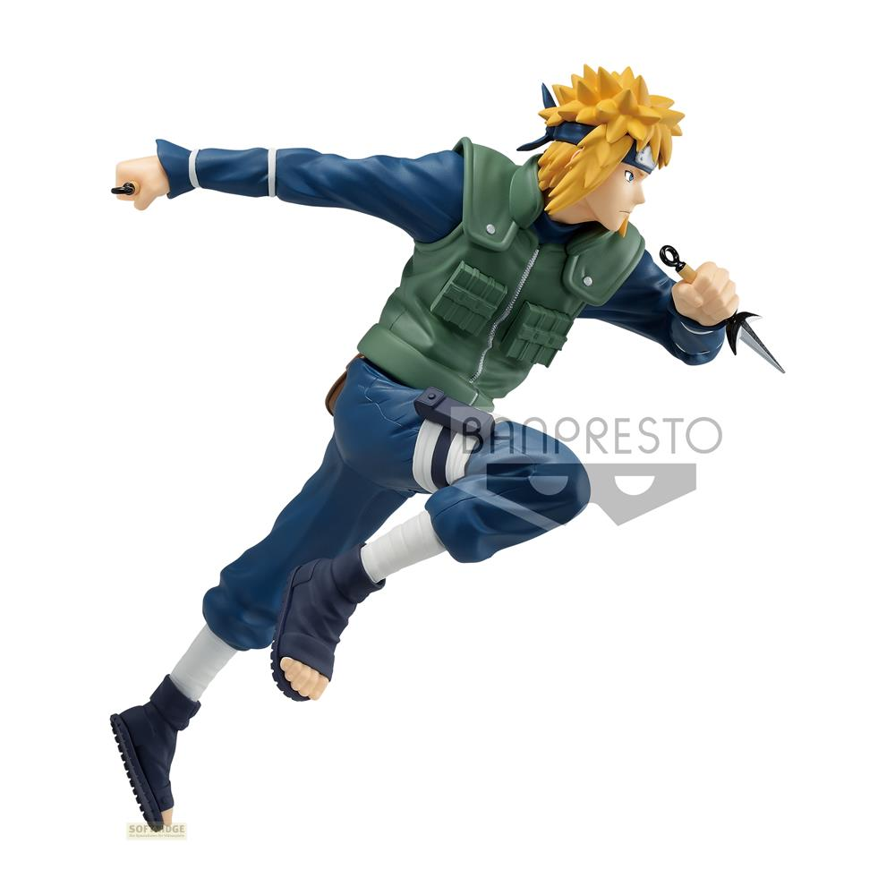 Eine Minifigur eines Mannes mit gelben Haaren, der eine grüne Weste und blaue Kleidung trägt und einen Kunai hält.