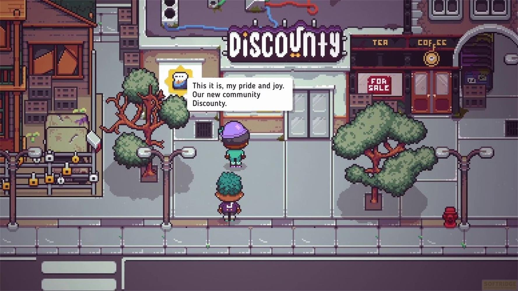 Strada pixel art con due personaggi, un negozio Discounty e una caffetteria.