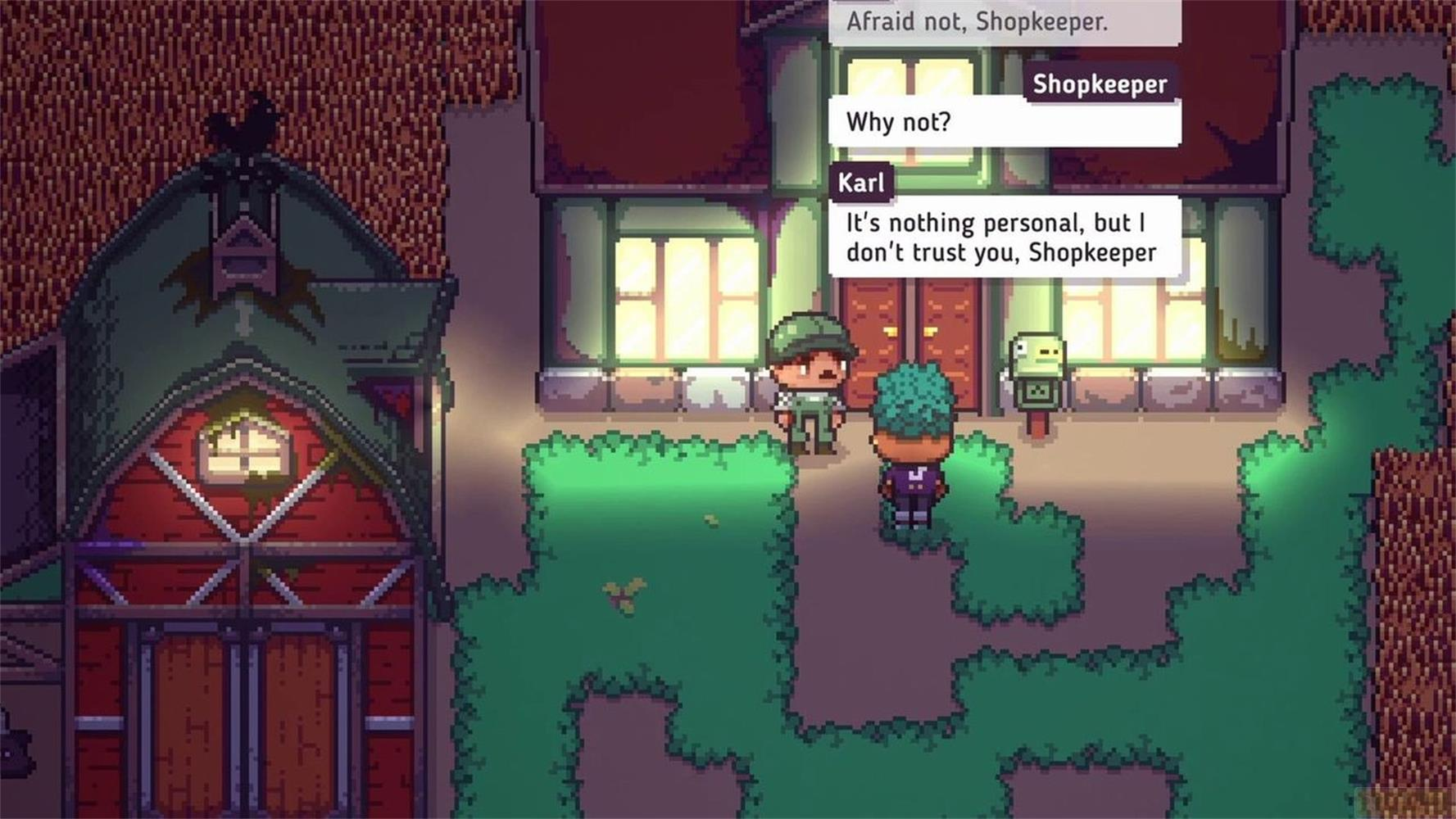 Due personaggi pixel davanti a un edificio, uno parla.