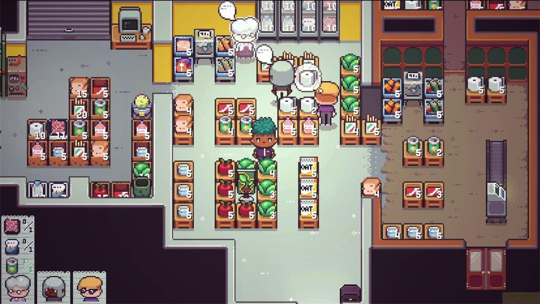 Un supermercato di videogiochi pixelati con personaggi e scaffali pieni di merci.