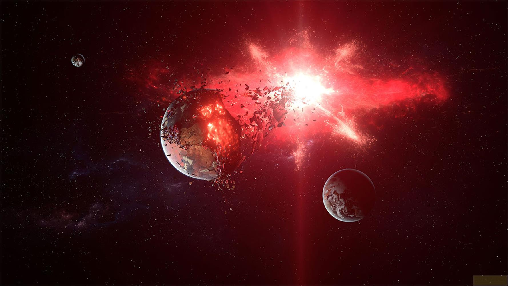 Explodierende Erde mit Trümmern, zwei Monde und heller roter Nebel im Weltraum.