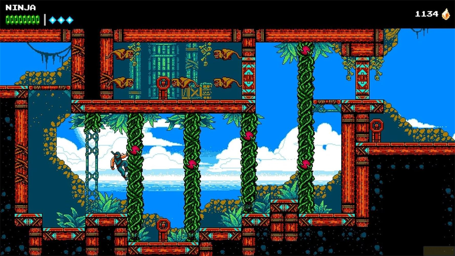 Ein Ninja klettert an einer Ranke hoch, umgeben von einer pixeligen Dschungelwelt.