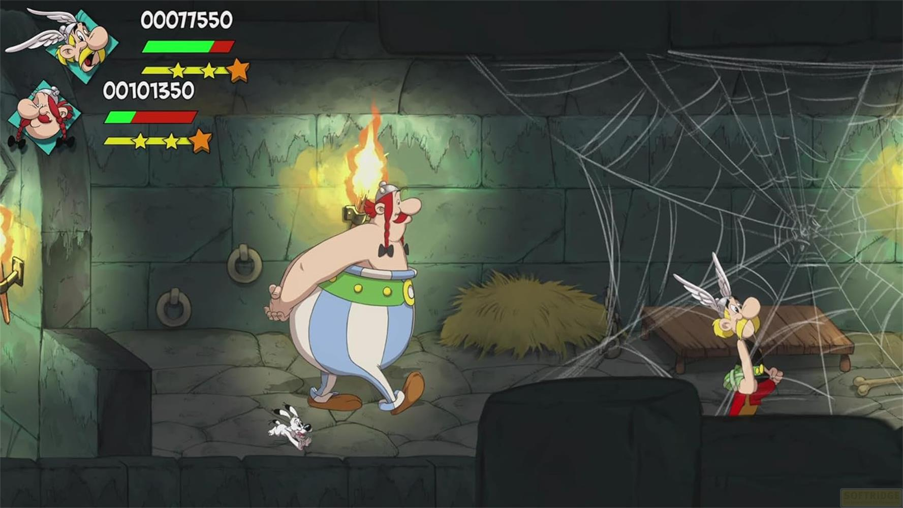 Asterix und Hund im Kerker mit Spinnweben und Fackeln.