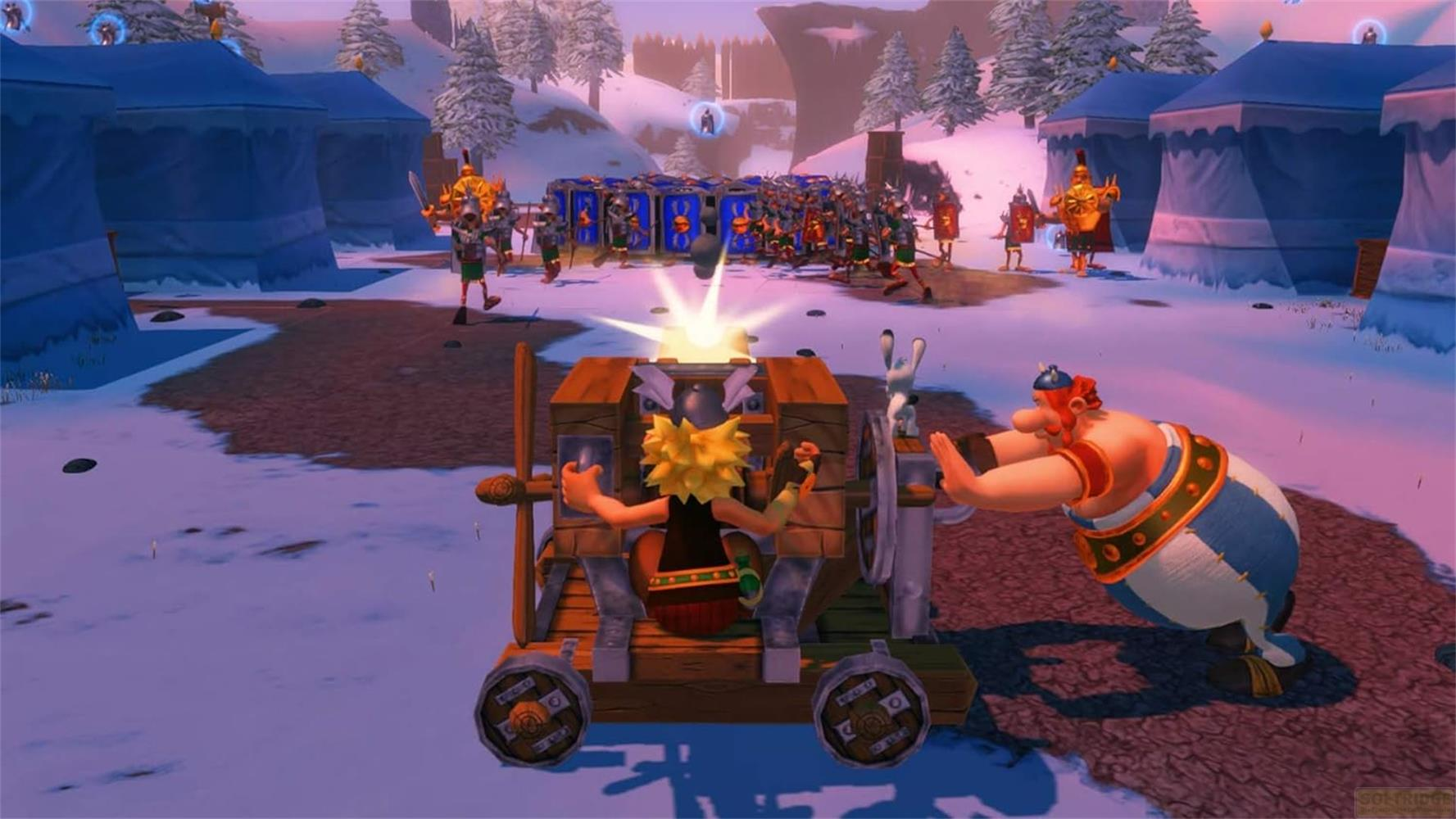 Asterix und Obelix bedienen eine Katapult-Kanone in einer verschneiten Landschaft mit blauen Zelten.