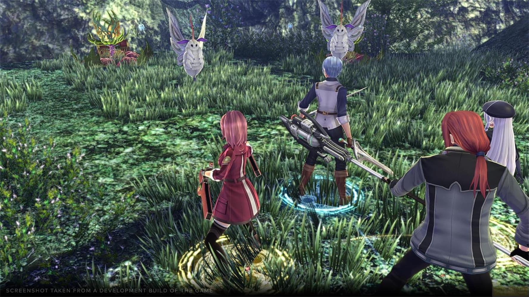 Personaggi in un'ambientazione boschiva verde con creature volanti.