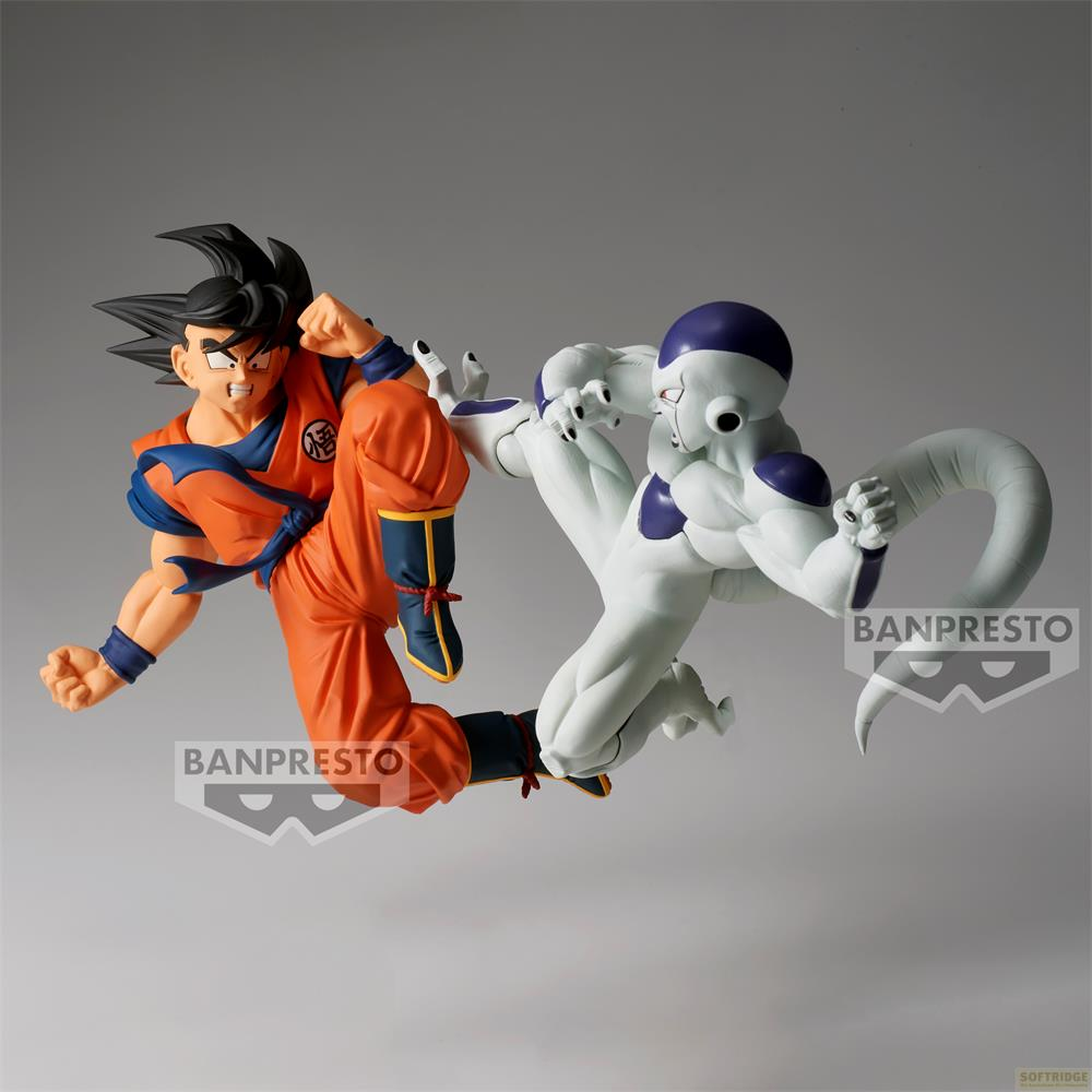 Goku in Orange, Frieza in Weiß kämpfen gegeneinander.