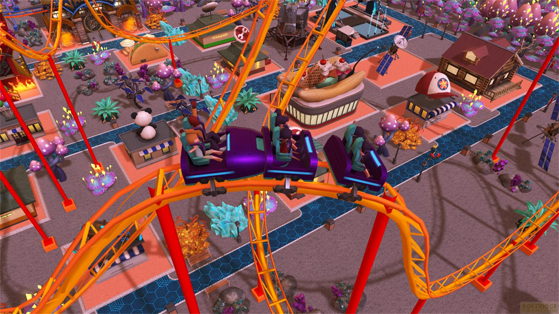 A purple roller coaster with riders navigates an orange track amidst a whimsical park.
