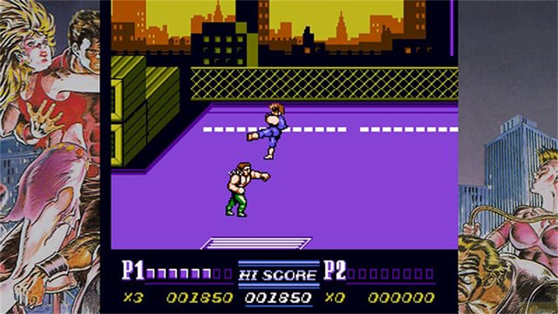 Gioco di combattimento: Due personaggi su arena viola con sfondo città.