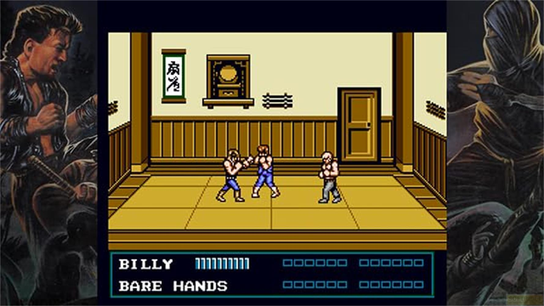 Scena di combattimento di un videogioco con due uomini in lotta.