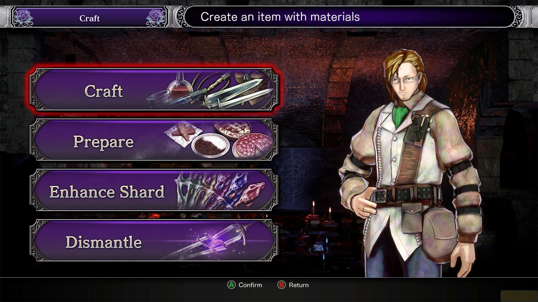 Ein Charaktermenü mit Optionen Craft, Prepare, Enhance Shard und Dismantle. Ein Mann steht rechts.