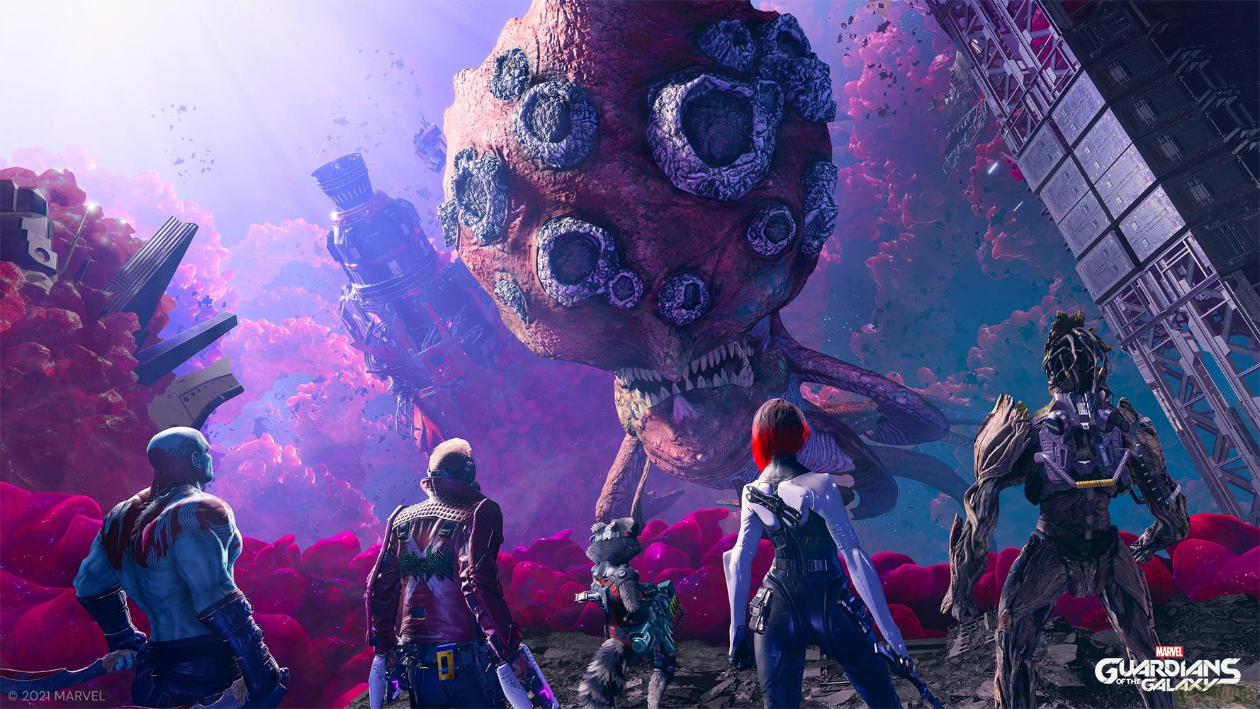Cinq héros font face à un monstre extraterrestre géant sur une planète violette.